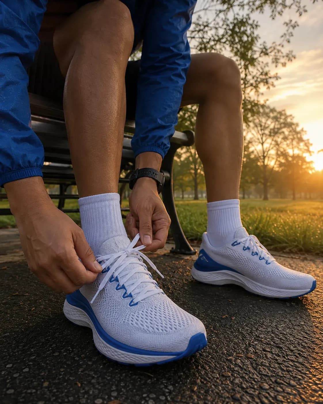 Runner tightening the laces of a Kestra Run sneaker at sunrise