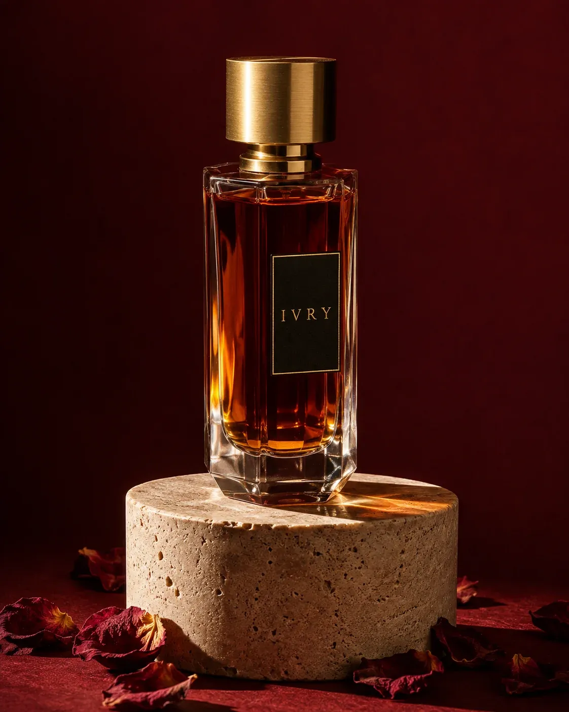 Maison Ivry perfume bottle on a travertine plinth