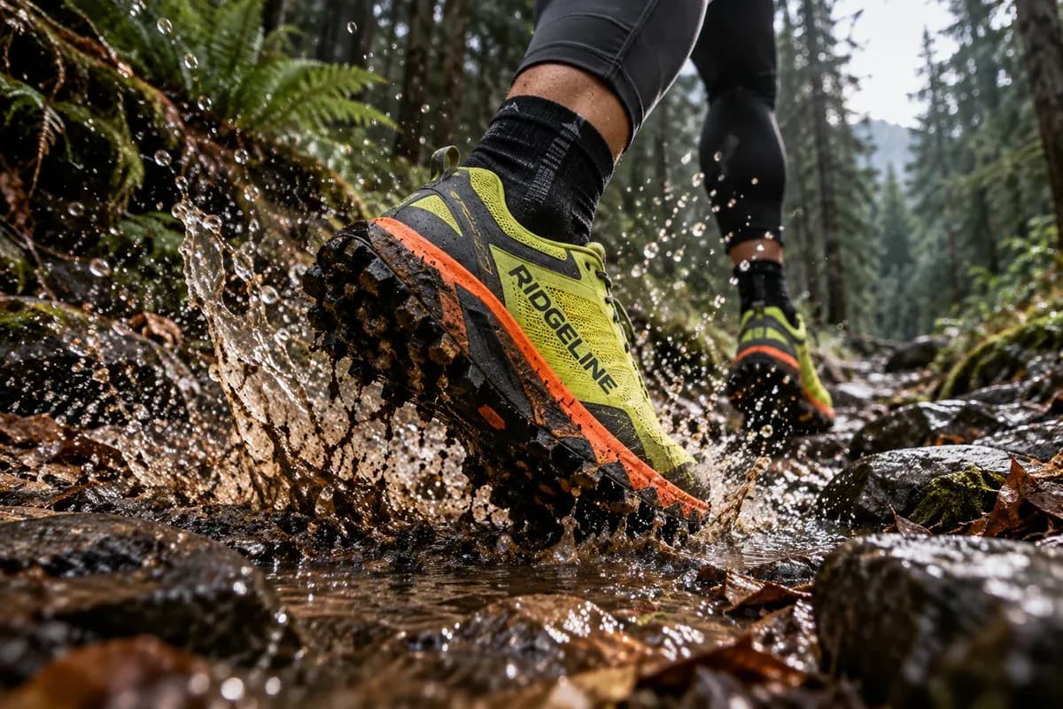 Yellow trail running shoe splashing through a muddy forest stream