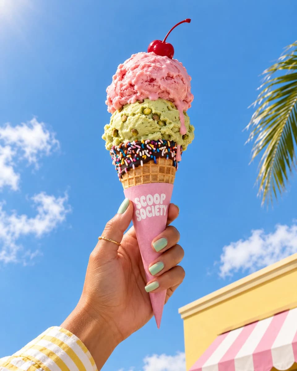 Hand holding a two-scoop ice cream cone against a blue summer sky