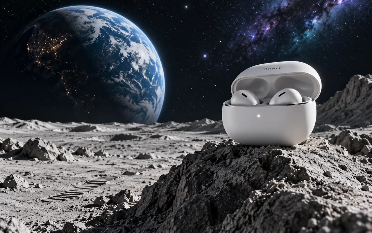 White earbuds case on a lunar rock with Earth rising behind