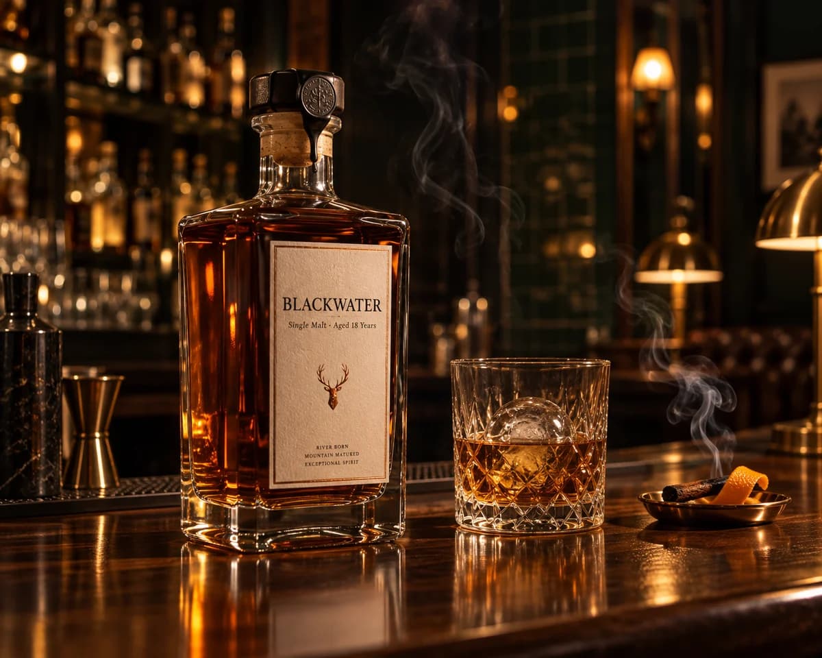 Whisky bottle and crystal tumbler on a dark walnut bar with drifting smoke