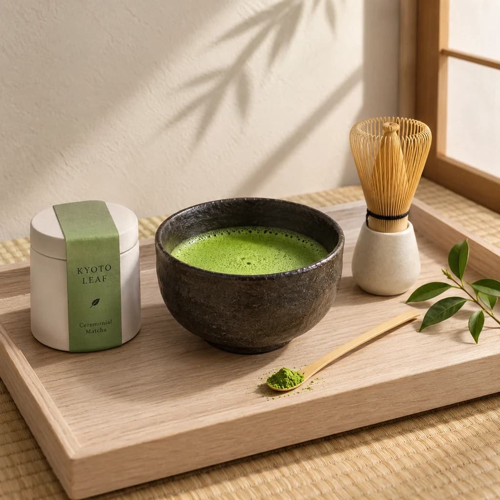 Matcha bowl, whisk and tin on a wooden tray in soft light