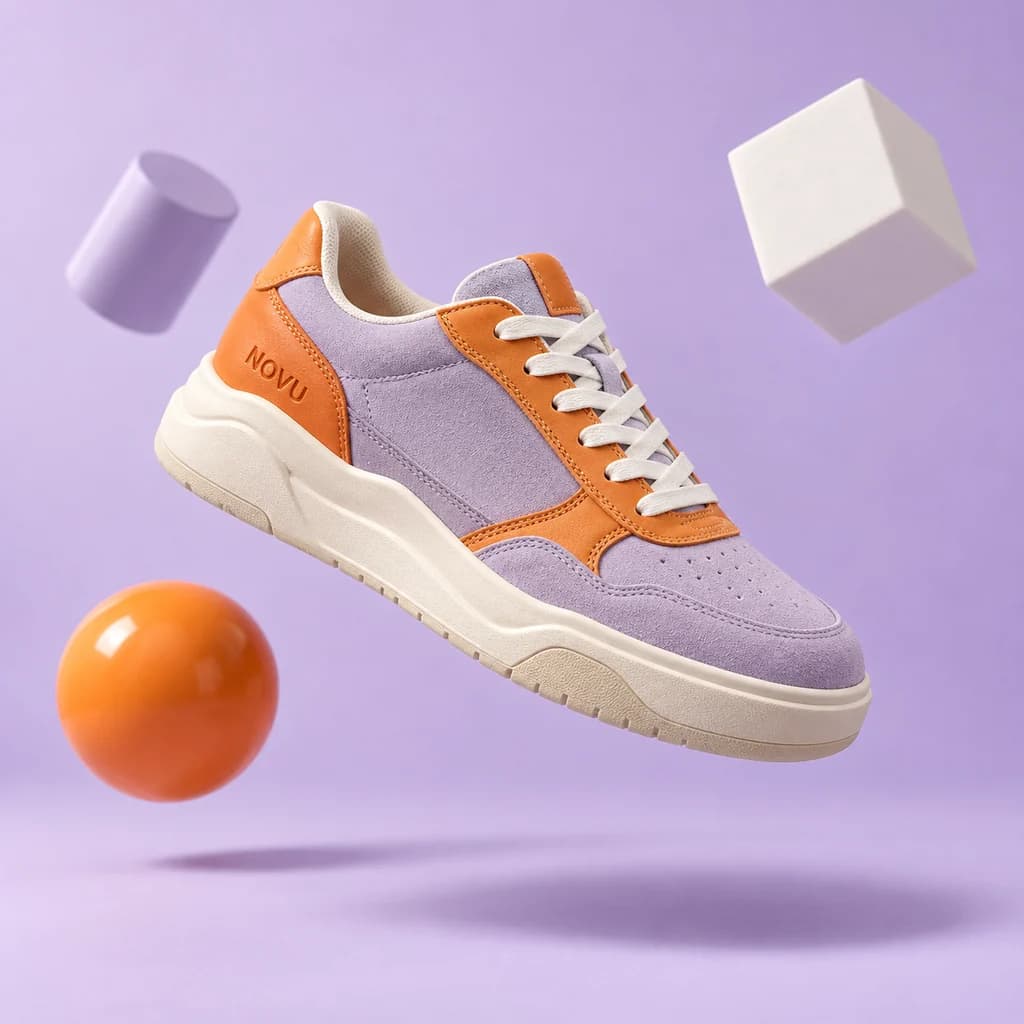 Lilac and orange sneaker floating among pastel shapes