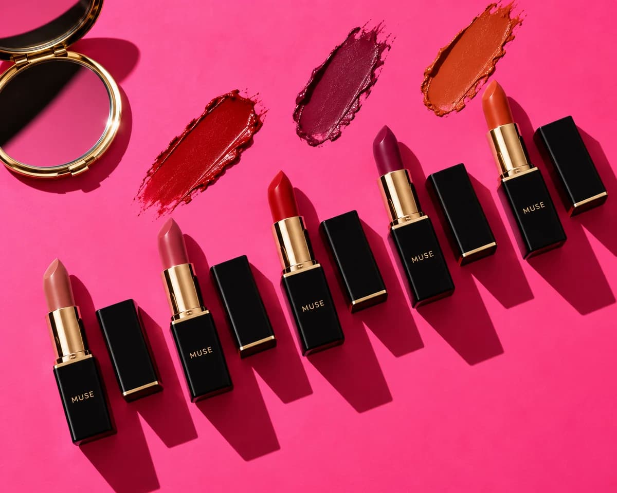 Five black and gold lipsticks with swatches on hot pink in hard light