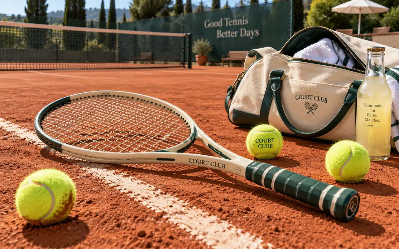 Tennis racket, balls and bag on a red clay court in hard sun