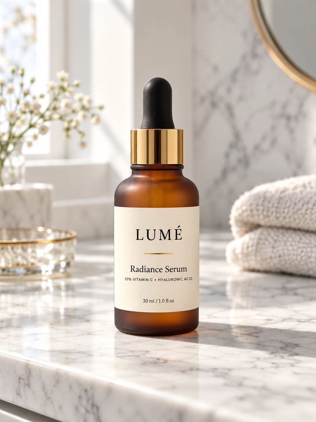 Serum bottle styled on a marble vanity