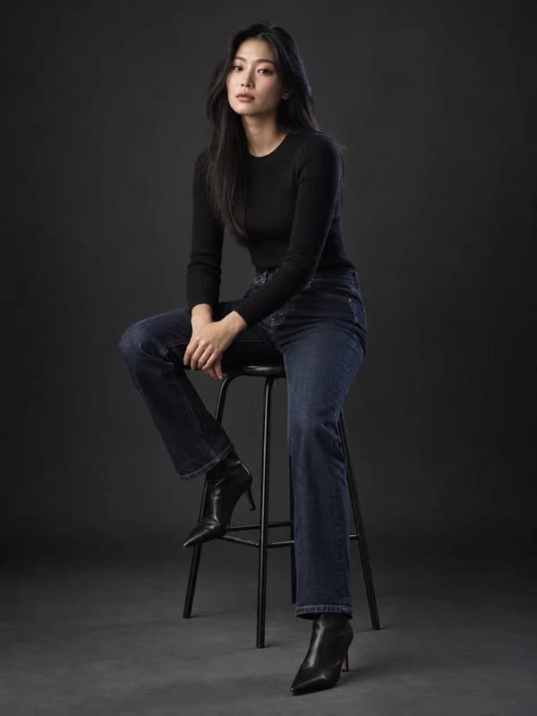 Studio stool pose for outfit try-on