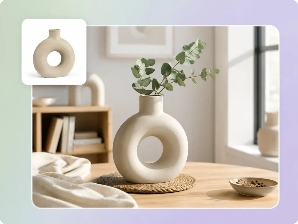 Ceramic vase in a bright lifestyle room with the original white packshot inset
