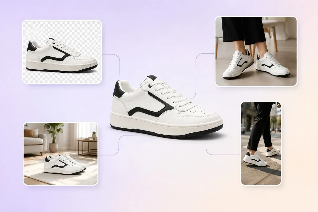 One sneaker packshot connected to cutout, try-on, lifestyle scene, and walking reel frames