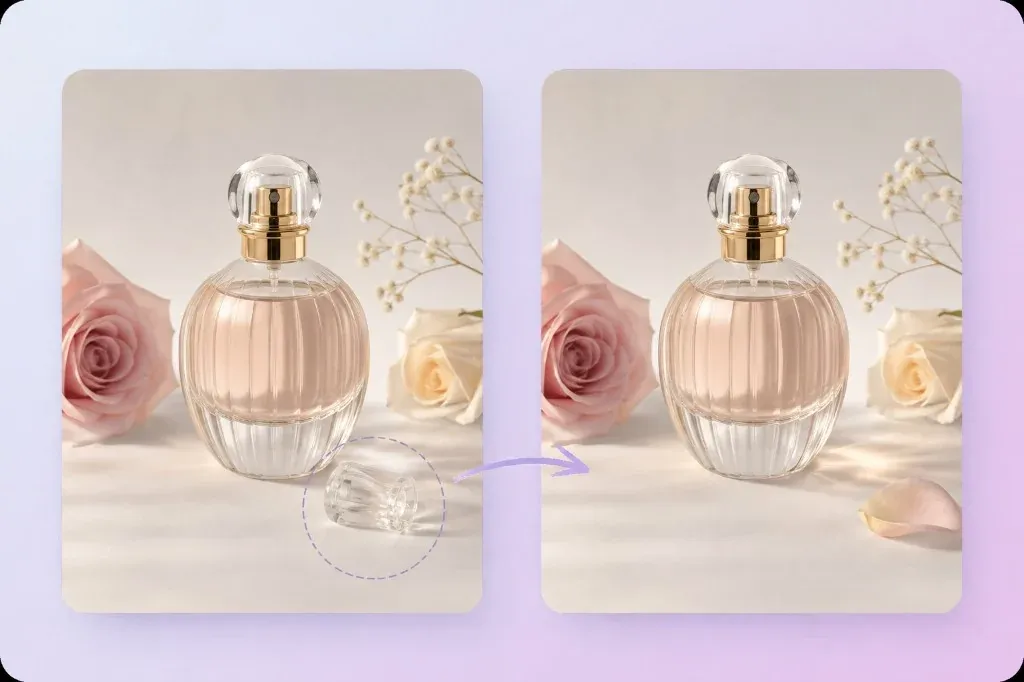 Perfume still life before and after replacing a bottle cap with a rose petal