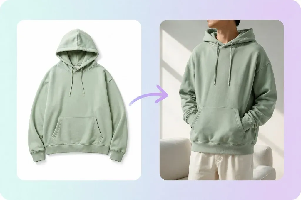 Flat hoodie product shot transforming into an on-model try-on