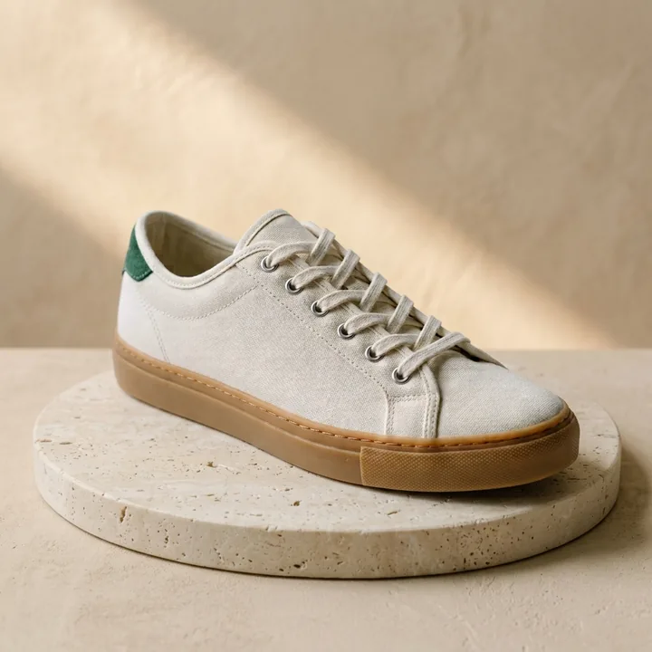Cream canvas sneaker on a stone plinth against a warm beige wall