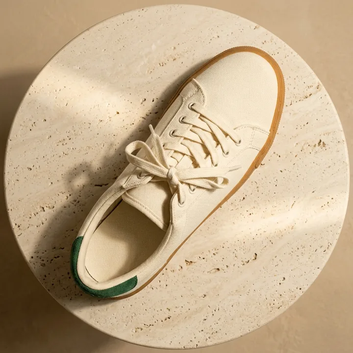 Cream canvas sneaker from above on a terrazzo plinth in warm light