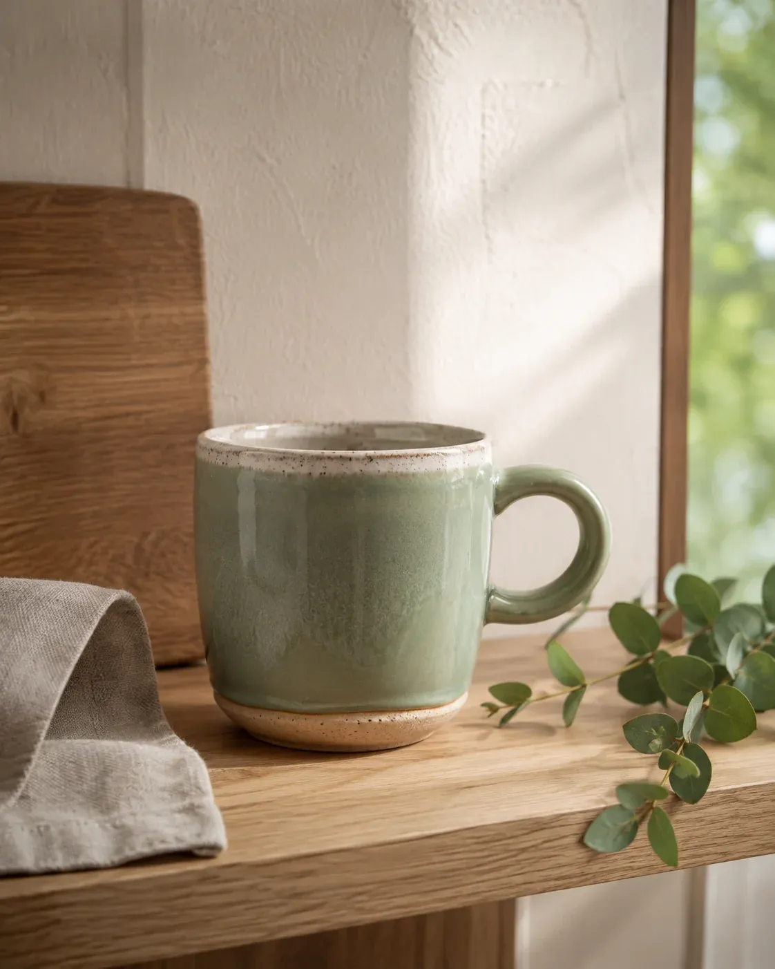 Sage ceramic mug on an oak kitchen shelf in morning light