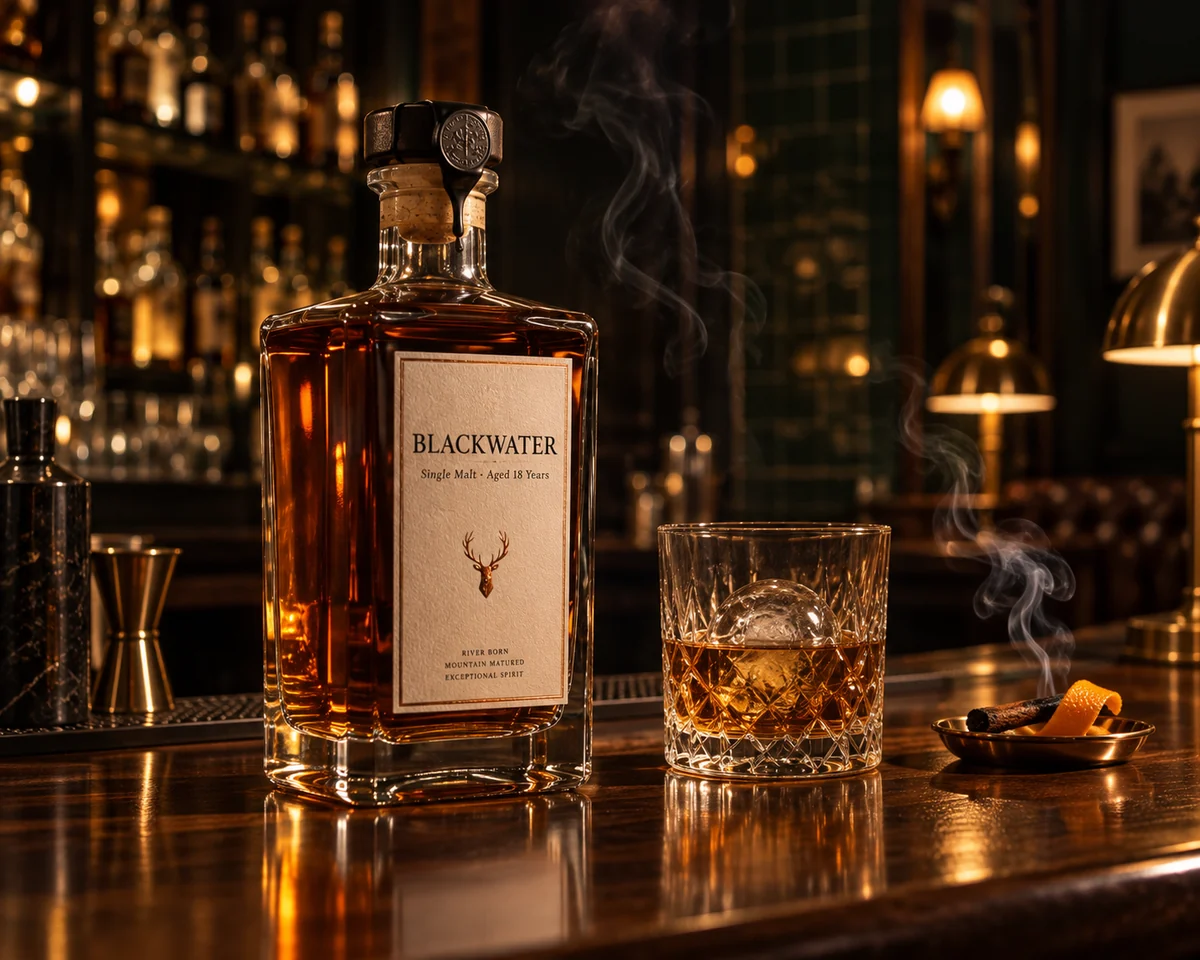 Whisky bottle and crystal tumbler on a dark walnut bar with drifting smoke