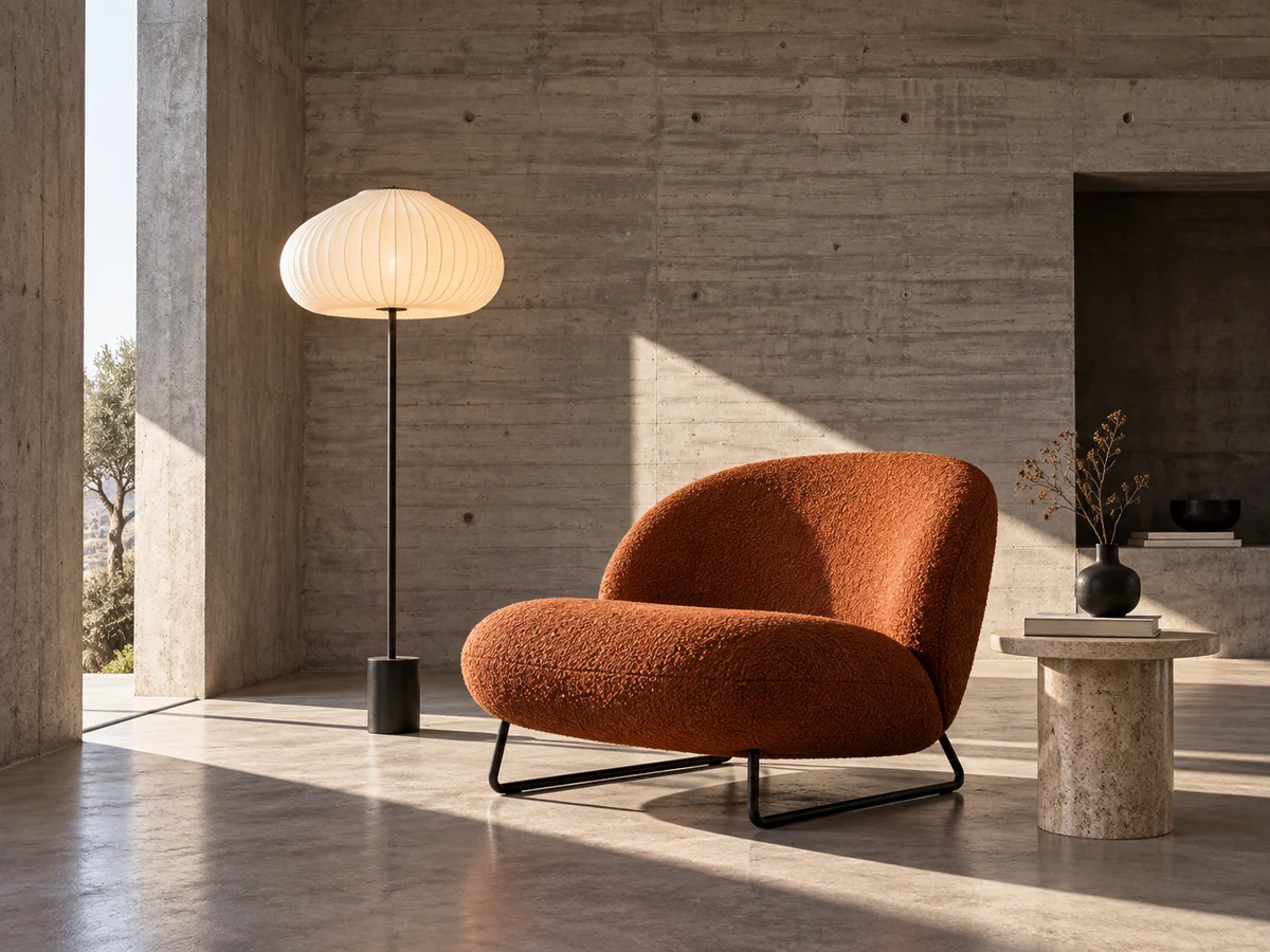 Rust bouclé lounge chair and paper globe lamp in a concrete interior