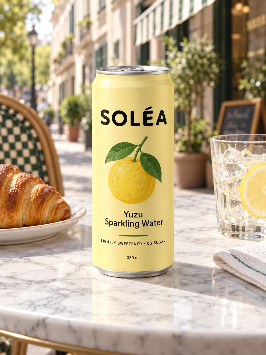 Drink styled on a sunlit café table