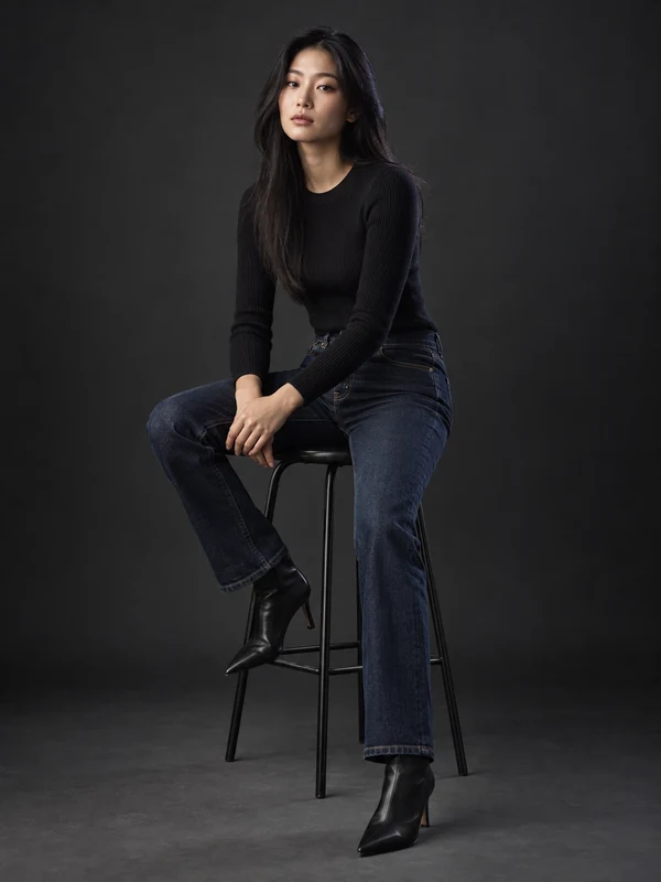 Studio stool pose for outfit try-on