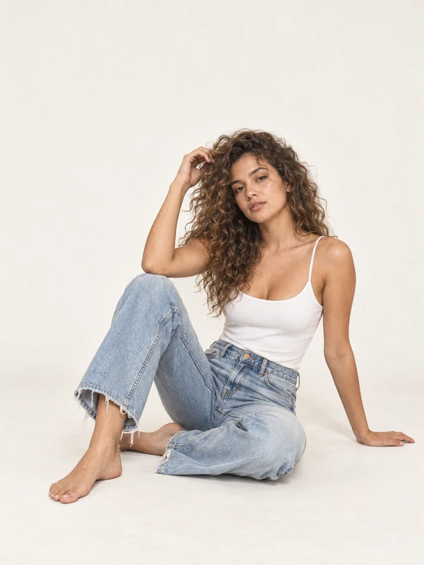 Seated pose for outfit try-on